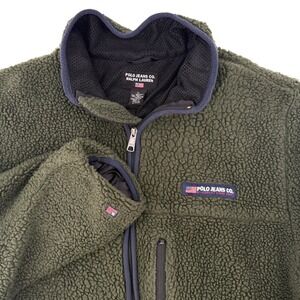 Vintage Polo Jeans Co Ralph Lauren Sherpa Fleece Jacket Green Zip Up Size Large